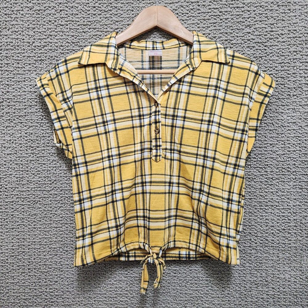 NO BOUNDARIES Women's Yellow Plaid Tie Front Top Size S